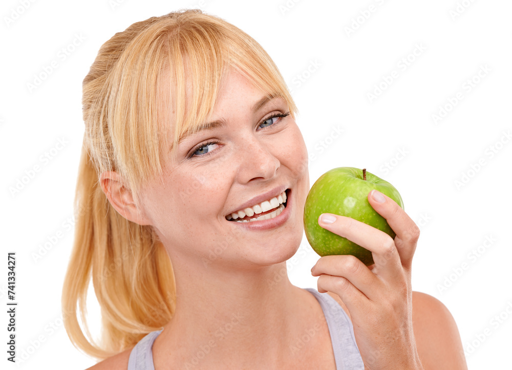 Smile, studio and portrait of woman with apple for vegan, diet and nutrition benefits for wellness. Food, face and happy person with fruit for vitamin c, detox and gut health on white background Smile, studio and portrait of woman with apple for vegan, diet and nutrition benefits for wellness. Food, face and happy person with fruit for vitamin c, detox and gut health on white background