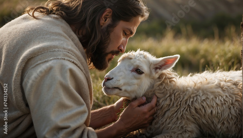 Jesus, der gute Hirte, zeigt Zärtlichkeit und Geborgenheit gegenüber einem Lamm