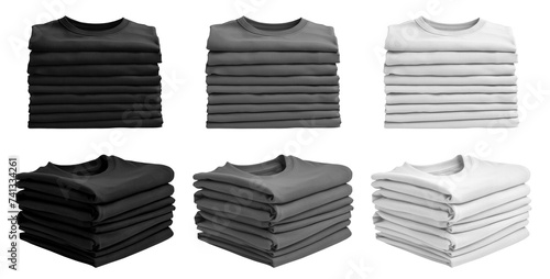 3 Set of pile stack group of folded blank black grey gray white tee t shirt sweater round neck on transparent background cutout, PNG file. Mockup template for artwork graphic design photo