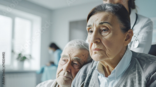 An elderly couple with worried expression receives consultation from a medical professional. Psychological health of an elderly person
