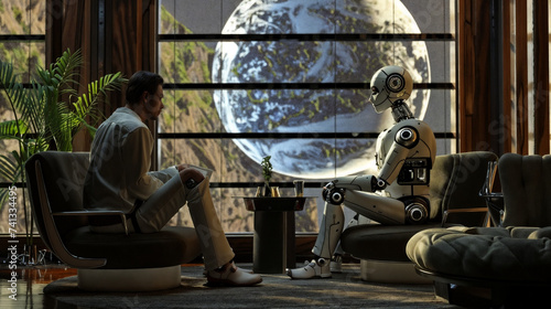 Contemplative Human and Advanced Humanoid Robot in a Professional Environment Discussing, Highlighting the Intersection of Technology and Humanity, Ideal for Science Fiction Concepts and Futuristic Sc
