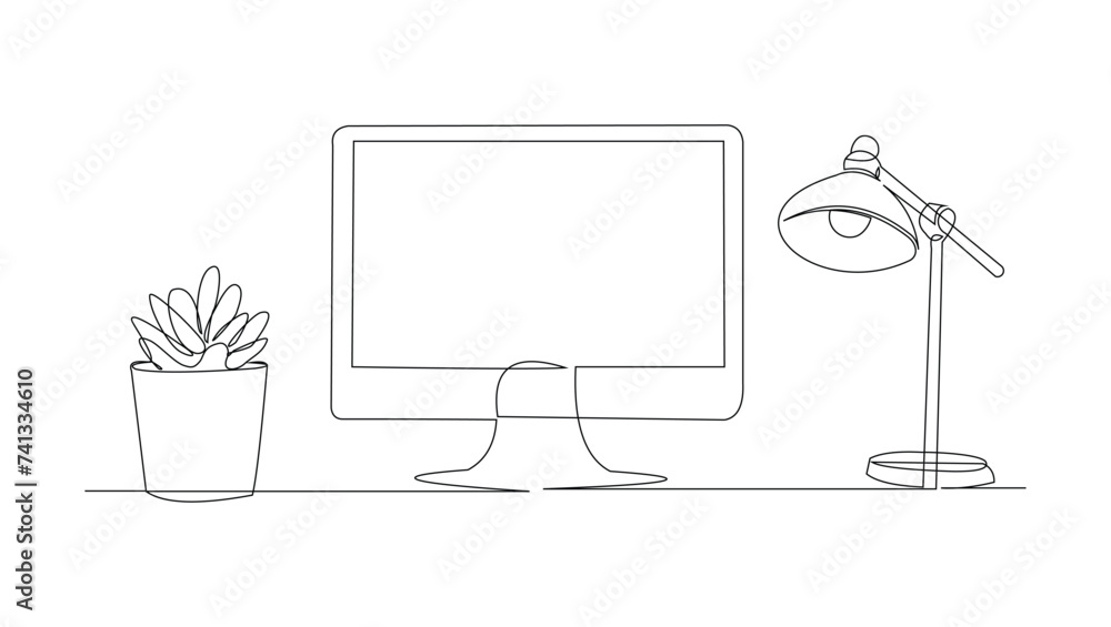 Continuous single line sketch drawing of work desk computer monitor ...