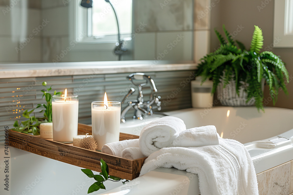 Spa Still Life Table Setting with Candle in Luxurious Bathroom Interior Spa Still Life Table Setting with Candle in Luxurious Bathroom Interior