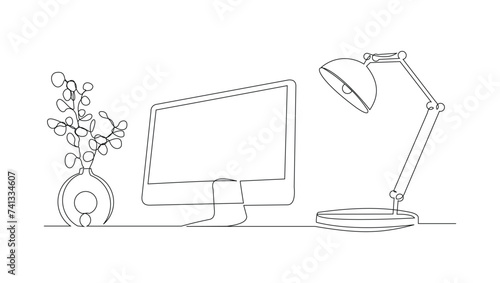 Continuous single line sketch drawing of work desk computer monitor with desk lamp and flower plant. One line art of work space desktop vector illustration