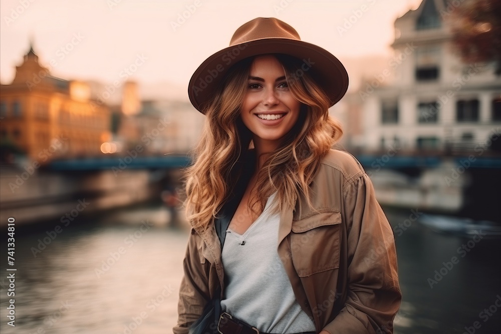 Portrait of a beautiful smiling young woman in hat and coat standing on the embankment of the canal.