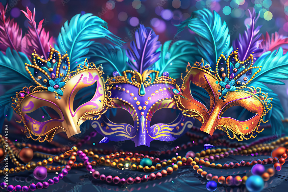 Mystical Masks: A vibrant composition of ornate masks adorned with feathers and beads captures the spirit of a festive masquerade. Evoking elegance and mystery. Mystical Masks: A vibrant composition of ornate masks adorned with feathers and beads captures the spirit of a festive masquerade. Evoking elegance and mystery.