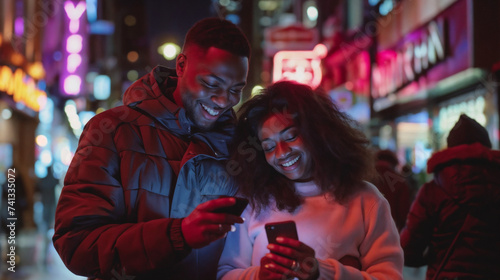 Smiling Couple Engaged in a Positive Interaction, Outdoor Urban Scene, Man in Dark Jacket, Woman in Light Top, Both Looking at Mobile Phones, Illuminated Signs and Buildings in Background