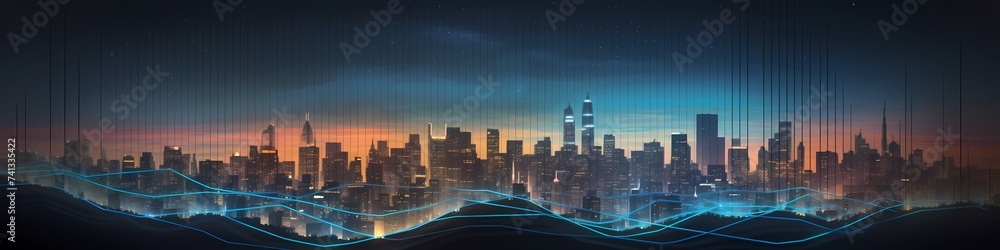 A fluctuating stock graph set against a backdrop of an illuminated metropolitan city at night. - obrazy, fototapety, plakaty 