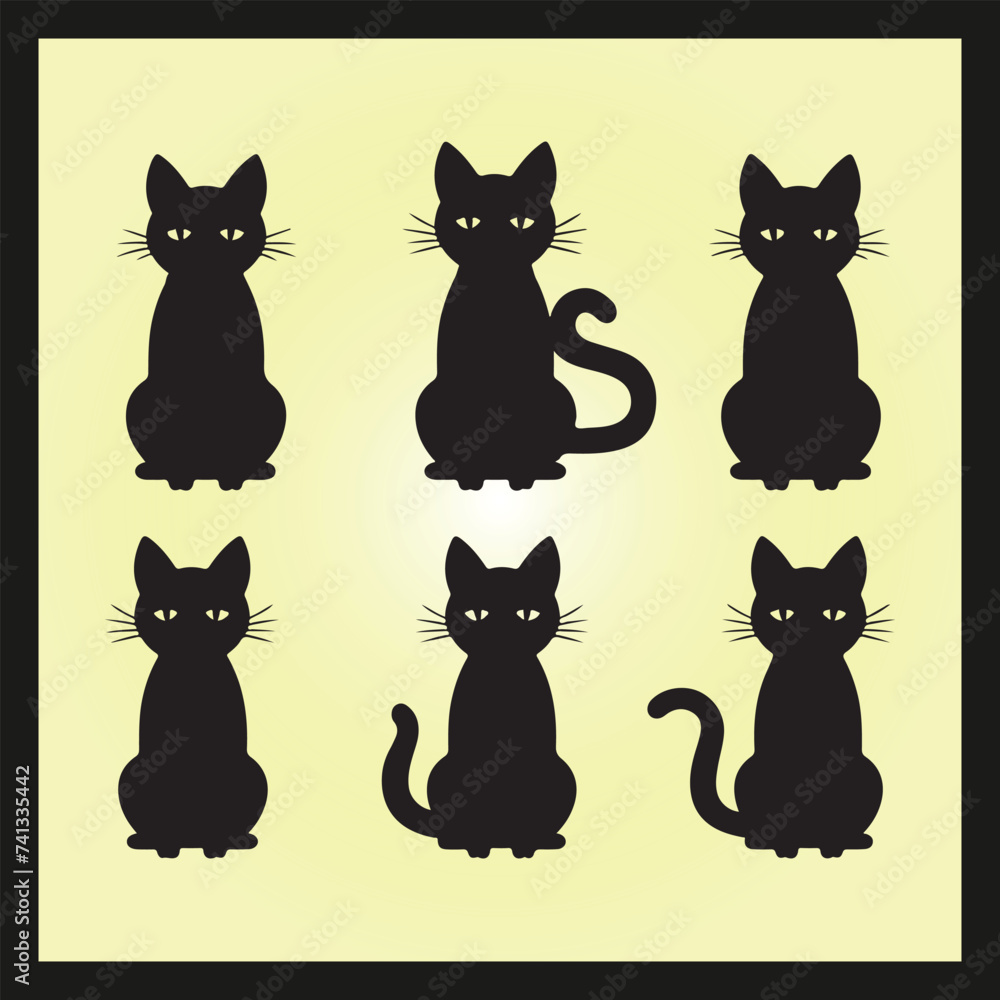 Kitty silhouette set Clipart on a hex color background