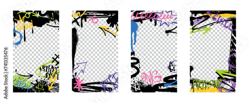 Spray paint borders or frames with graffiti color tags and urban elements with ink drips. Vector set of covers with abstract street art decoration, arrows and icons isolated on transparent background.