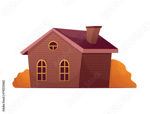 Autumn attribute of colorful set. This artwork portrays the autumn exterior of a house, employing illustration techniques to create a charming nature-inspired scene. Vector illustration.