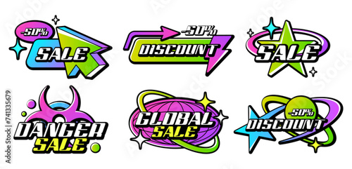 Trendy colorful Y2k logo collection. Retro acid gradient lettering logos with graphic elements for sale or discount store. Set of sticker, badges, slogan typography vector icon design illustration.