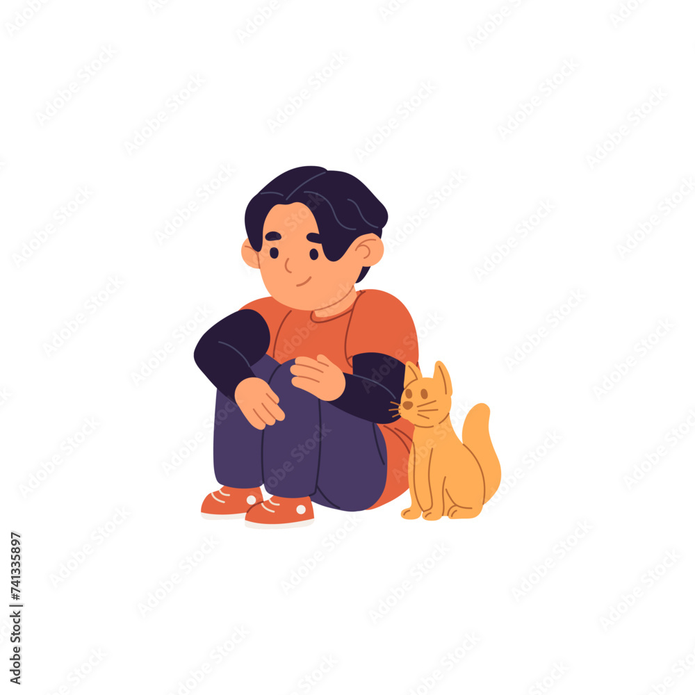 Alone cute boy sits on floor with stuffed cat. Single happy child talks with his favourite soft friend. Kid plays with toy. Flat isolated vector illustration on white background Alone cute boy sits on floor with stuffed cat. Single happy child talks with his favourite soft friend. Kid plays with toy. Flat isolated vector illustration on white background