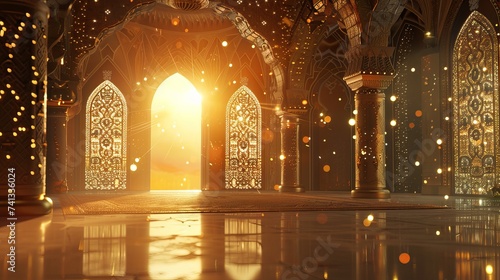 Interior of a grand masjid Islamic landmark.  Inside of a grand mosque with natural sunlight peaceful scenic view. 