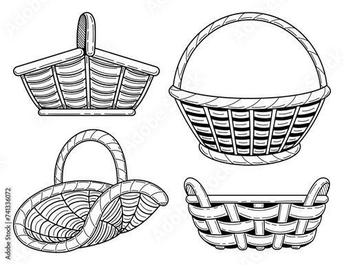 Set of willow wicker baskets with sketch handles. Hand drawn vector illustration.