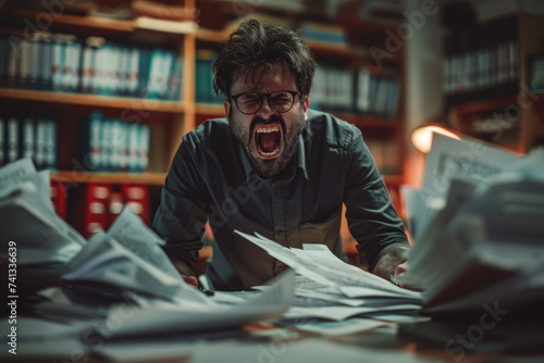 Pissed off male office worker cluttered with paperwork shouting