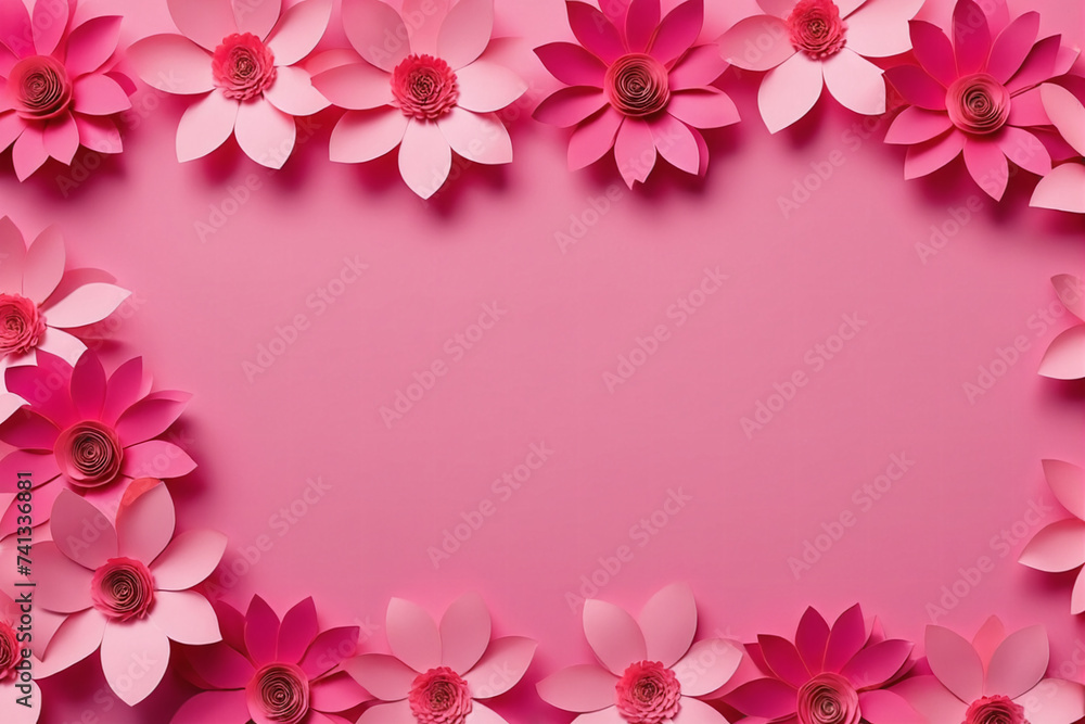 Background of pink paper flowers with empty space for text or greeting card design. Postcard for International Women's Day and Mother's Day