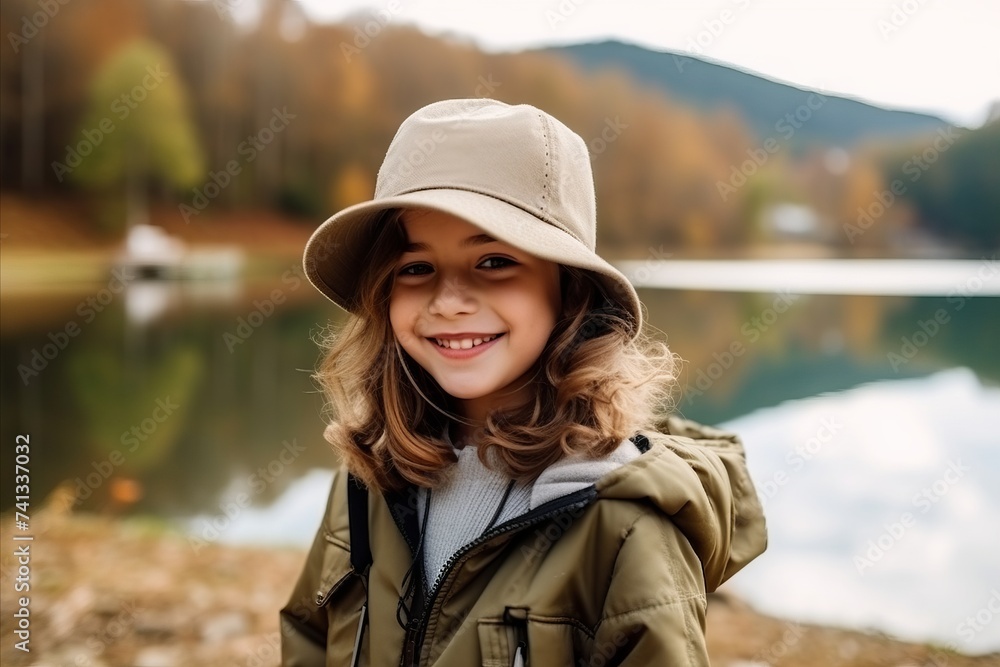 Portrait of a beautiful little girl in a hat on the lake background