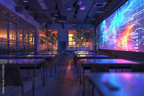 A modern classroom in the future  students learning through interactive 3D projections and virtual reality headsets