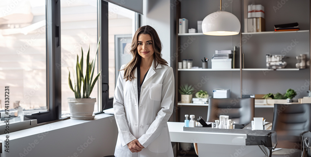 attractive female doctor in white coat looking at camera while standing in clinic,Portrait of a female doctor in a white coat standing in her office attractive female doctor in white coat looking at camera while standing in clinic,Portrait of a female doctor in a white coat standing in her office