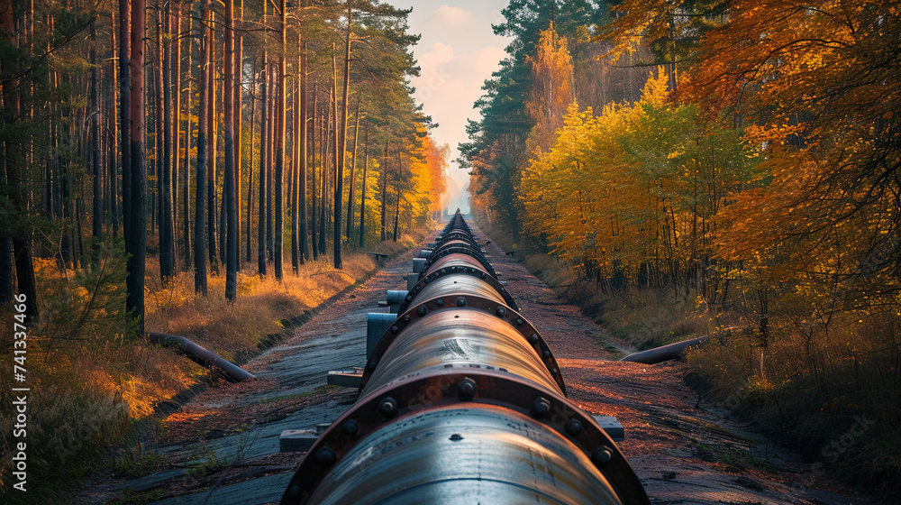 Gas pipeline in the forest  - obrazy, fototapety, plakaty 