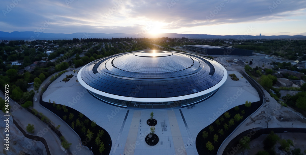 Aerial view of a modern office building with solar panels at sunset,Aerial view of a modern office building in the city at sunset,Aerial view of a modern stadium at sunset. 3d rendering