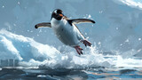 A penguin jumps into the water from an ice floe