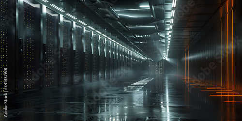 Data center in the style of darkest academia  Bright and airy hallway with rows of windows  A dimly lit hallway with rows of servers and a person walking through it