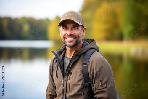 Portrait of a smiling man with a backpack standing by the lake