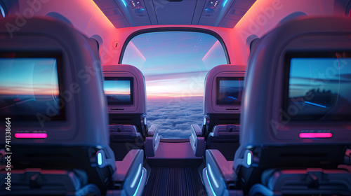 Passenger seating on an airplane equipped with screens, representing the concept of long-distance flights.