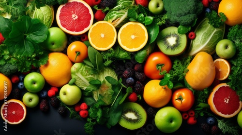 Top view of fresh fruits and vegetables. Sliced pieces of Orange  grapefruit  Apple  Kiwi  Tomato  blueberry  lemon  cabbage  broccoli on a black background. Vegetarian food  Organic products.