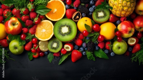 Top view  fresh fruits and vegetables. Sliced pieces of Orange Apple  Kiwi  Tomato  blackberry  strawberry  blueberry  lemon on a black background with copy space. Healthy lifestyle  Organic products.