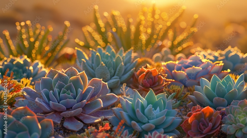 Array of succulents in a desert landscape at golden hour, showcasing various textures and colors of these resilient plants against the golden light