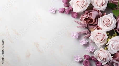 a bunch of flowers on top of a white table  top view with copy space