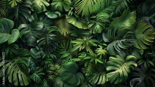 Artistic composition of an assortment of tropical plants with lush green leaves  featuring different textures and shades of green  ideal for a botanical illustration