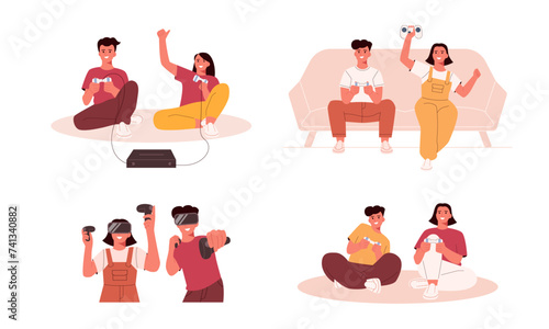 People play video games. Console, virtual reality glasses