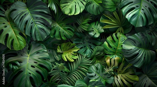Artistic composition of an assortment of tropical plants with lush green leaves, featuring different textures and shades of green, ideal for a botanical illustration © arhendrix