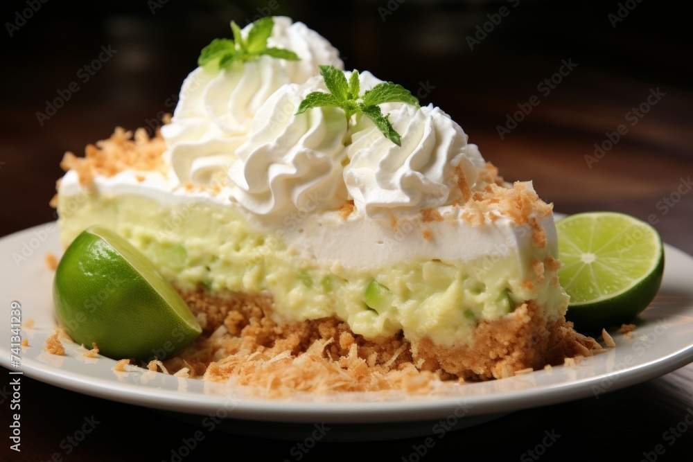 Delicious key lime pie dessert for restaurant menu with copy space, freshly baked and ready to serve Delicious key lime pie dessert for restaurant menu with copy space, freshly baked and ready to serve