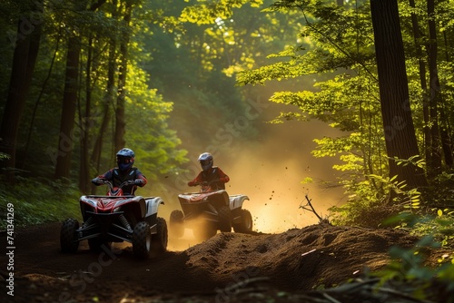 action shot of two atvs racing on a forest track