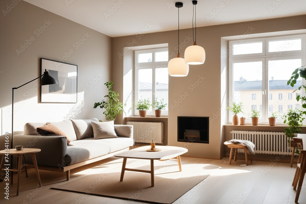 Fototapeta premium Modern interior japandi style design livingroom. Lighting and sunny scandinavian apartment with plaster and wood