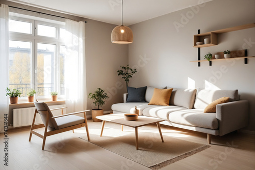 Modern interior japandi style design livingroom. Lighting and sunny scandinavian apartment with plaster and wood © Giuseppe Cammino