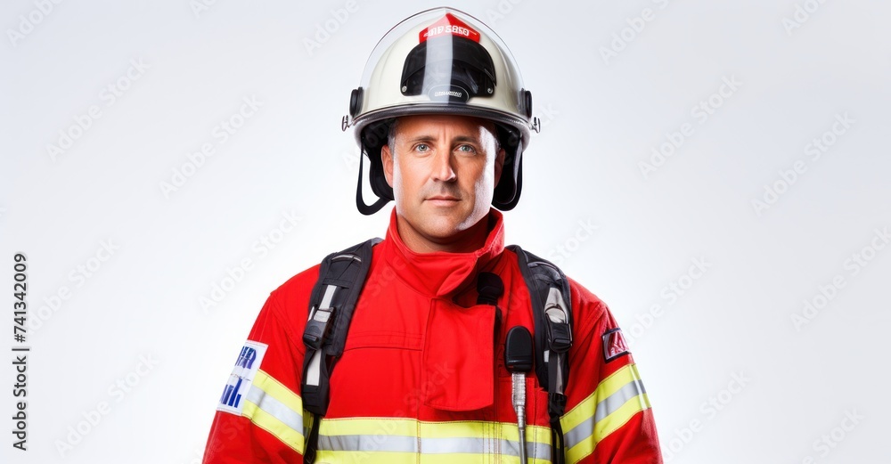Firefighter in gear against white, embodying bravery and readiness. Firefighter in gear against white, embodying bravery and readiness.