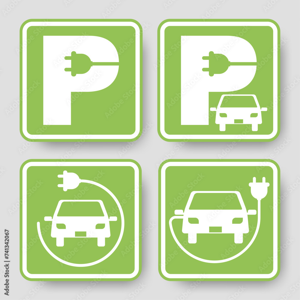 Set Sign, logo, electric car parking station for charging batteries, vector illustration. Set Sign, logo, electric car parking station for charging batteries, vector illustration.