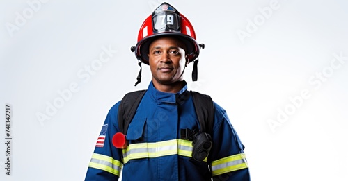 Firefighter in gear against white, embodying bravery and readiness. © Stock Pix