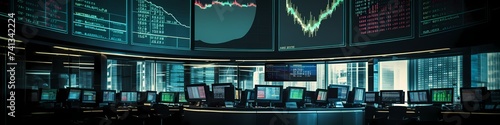 An ascending stock chart displayed on sleek screens within a sophisticated trading floor.