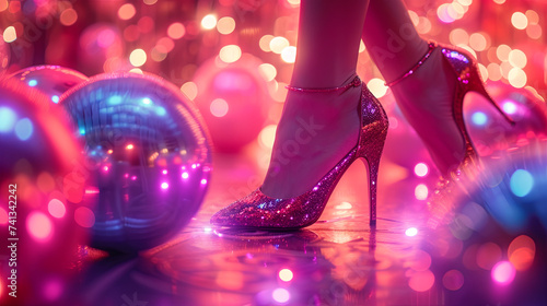 A girl in bright shiny shoes against the background of a disco ball. Parties & Disco Concept