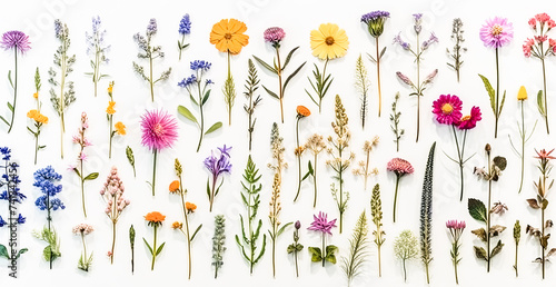 A stunning set of beautiful dried meadow flowers showcased against a white background. photo