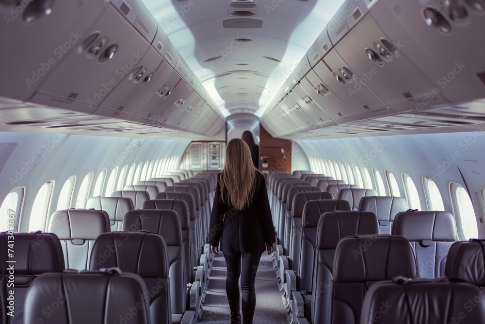 Fototapeta premium woman walking through the aisle of an empty business jet