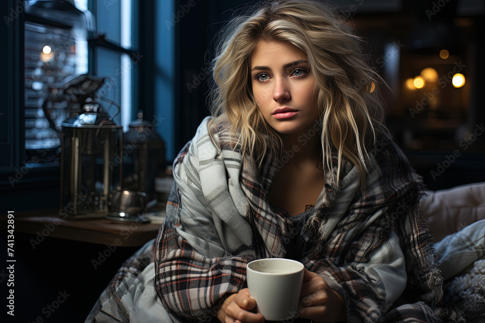 Thoughtful woman is seated on a bed, holding a cup in her hand Thoughtful woman is seated on a bed, holding a cup in her hand
