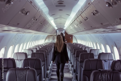 woman walking through the aisle of an empty business jet